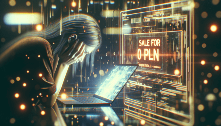 Kobieta zmartwiona i wpatrzona w ekran laptopa na którym widać słowo (dokładnie napisz jak ja ) [SPRZEDAŻ za 0 PLN]