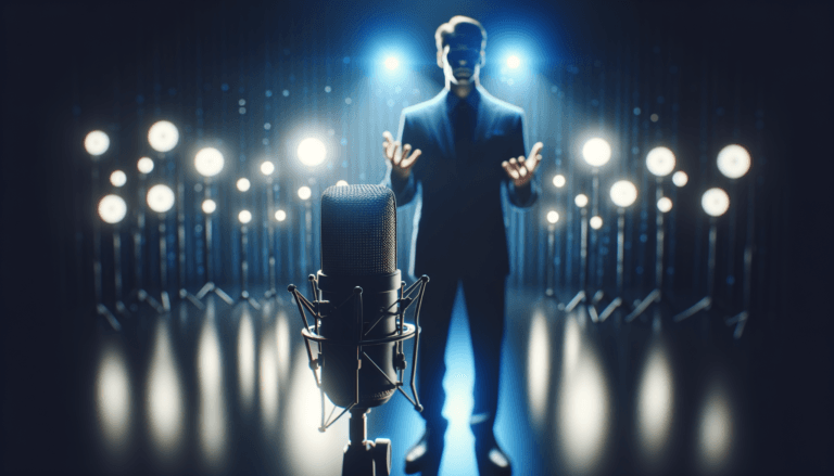 Stwórz realistyczny obraz mężczyzny. `mężczyzna stoi przed mikrofonem. Widać że coś mówi. Gestykuluje. Dodaj efekt zdjęcia robionego aparatem nikonD5100, wykorzystaj efekt obiektywu o ogniskowej 100mm i przysłonie 1,8/ . zastosuj efekt bokhet. Mężczyzna znajduje się w zamkniętym studiu , Efekt mroczny, dominacja kolorów z palety granatowej.