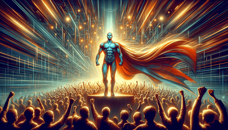 Człowiek -heros. za nim wiwatujący tłum