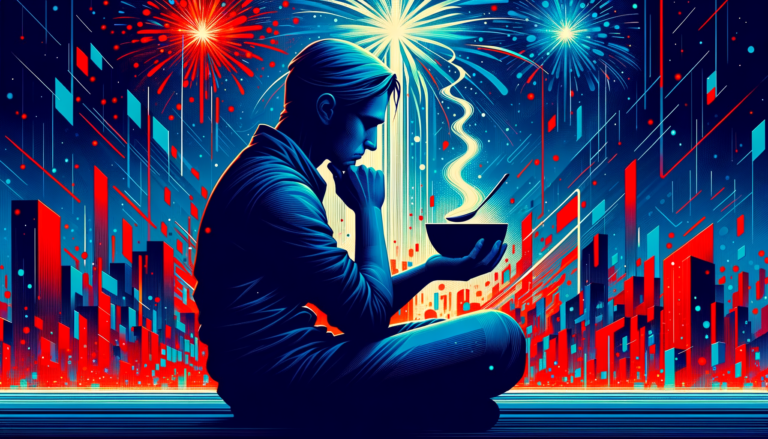 Człowiek zastanawia się nad talerzem zupy. sidedzxi przodem do ogladjaceg. Odcienie niebieskiego i czerwonego. W tle widać fajerwerki