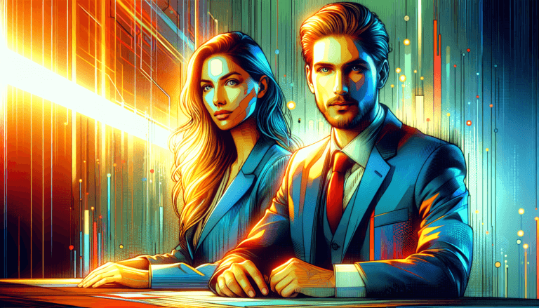 Uśmiechnięci Kobieta i mężczyzna w wieku okołu 35 lat siedzą przy biurku i patrzą na widza. Ubrani są biznesowo. Tło abstrakcyjne. Żywe kolory. Wielkość pliku maksymalnie 250 kb