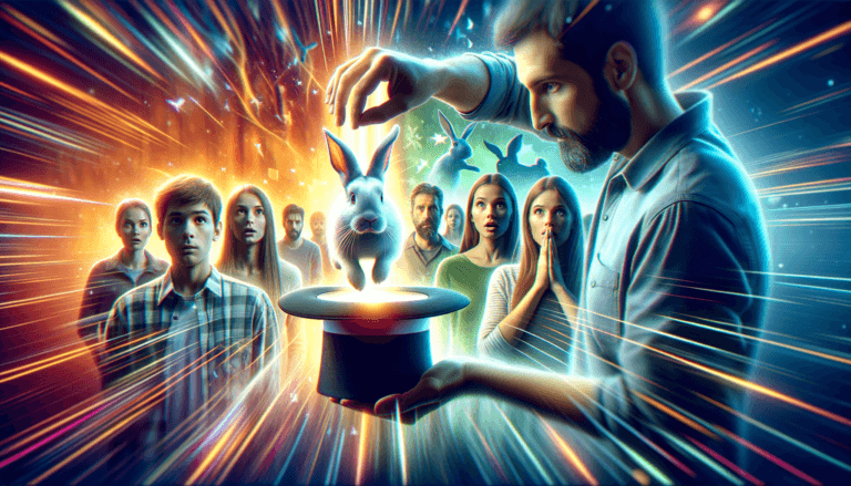 Mężczyzna wyciągający królika z kapelusza. W tle zdziwiona grupa kilkunastu ludzi. Pierwszy rządź ostry, potem przechodzi w bokeh