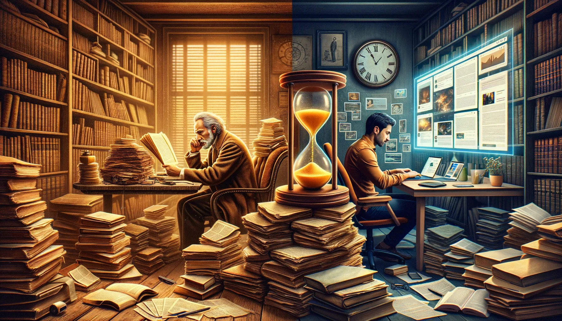 [The text reflects nostalgia and admiration for the changes over time in accessing knowledge—when something that used to be very difficult is now readily available online. Additionally, it suggests that a new generation of learners can now save time and effort thanks to easily accessible advice from experienced practitioners.] # Visual Description Guidelines - **Concepts to Illustrate**: Focus on illustrating the contrasting realities in accessing knowledge \