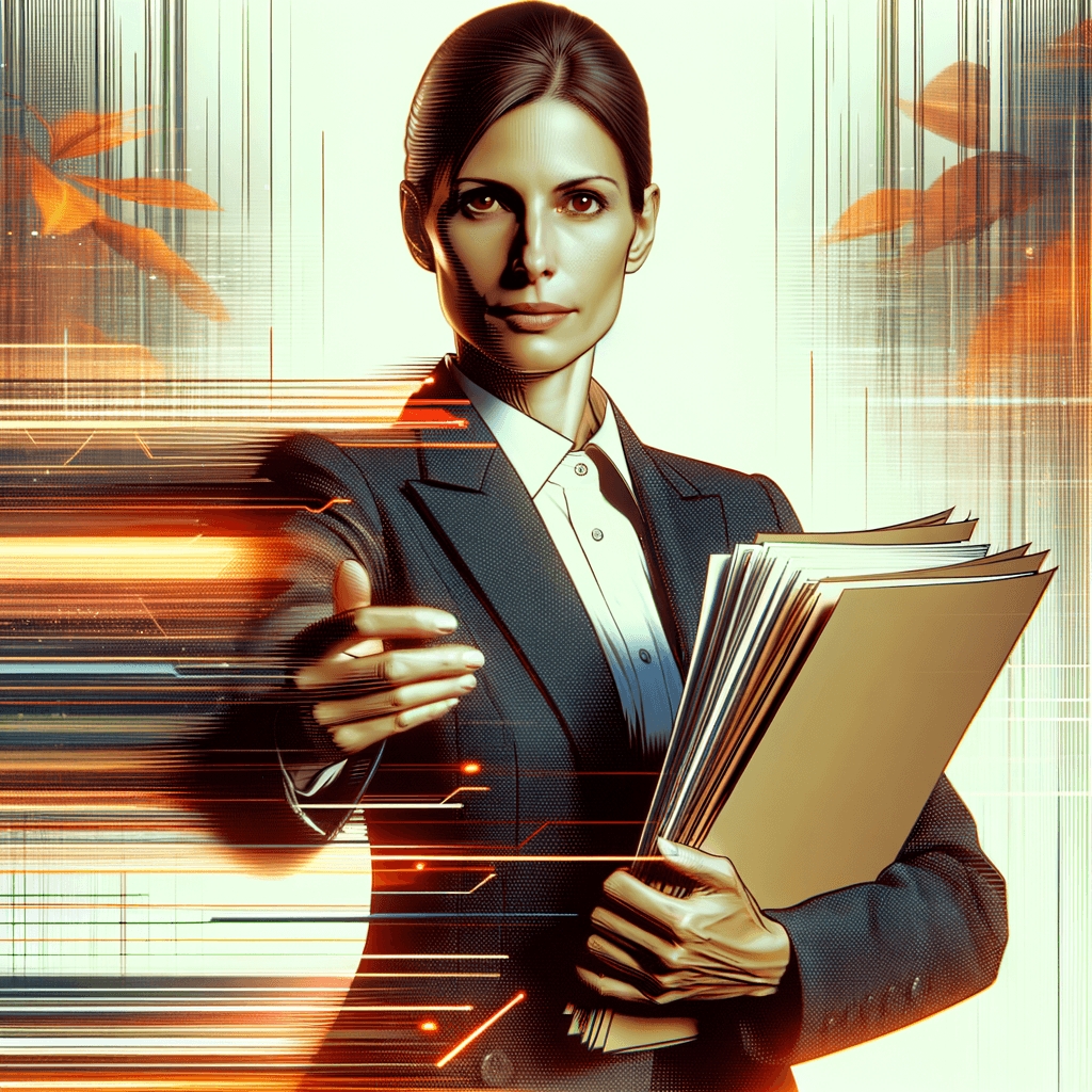 Stóórz realistyczny obraz. Kobieta w wieku 40 , wygląda managera, europejka, stoi frontem do widza i trzyma plik kartek , widzimy ją postaci kadrze amerykańskim, Ubiór biznesowy , format output obrazu= krajobraz